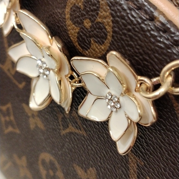 Purse Chain Charm 3 Camelia Plumeria Flowers Roses w Simulated Diamond G… - Picture 10 of 11